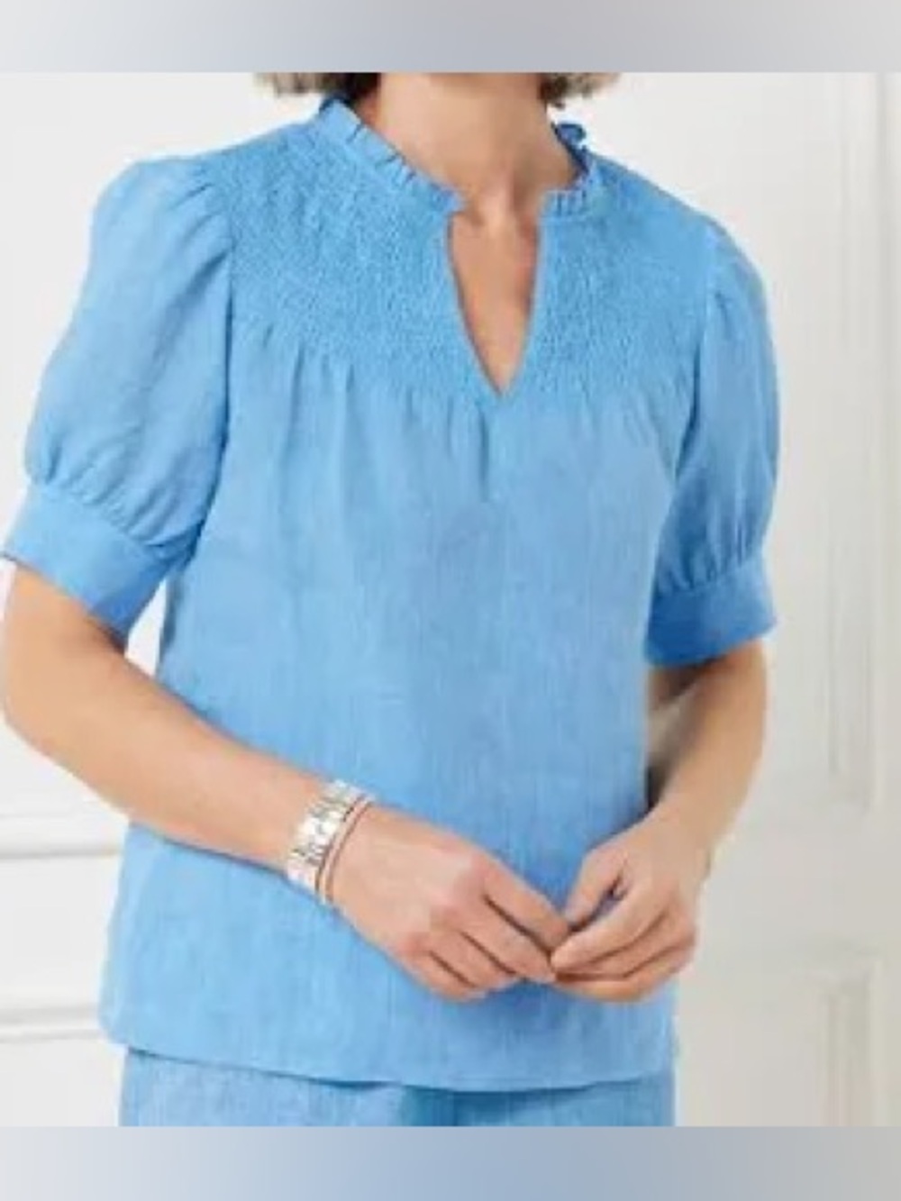 Talbots: XL, Blue linen Smocked Yoke Short Sleeve Top